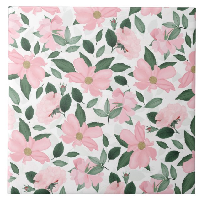 Delicate Pink Roses Floral Painting Tile (Front)