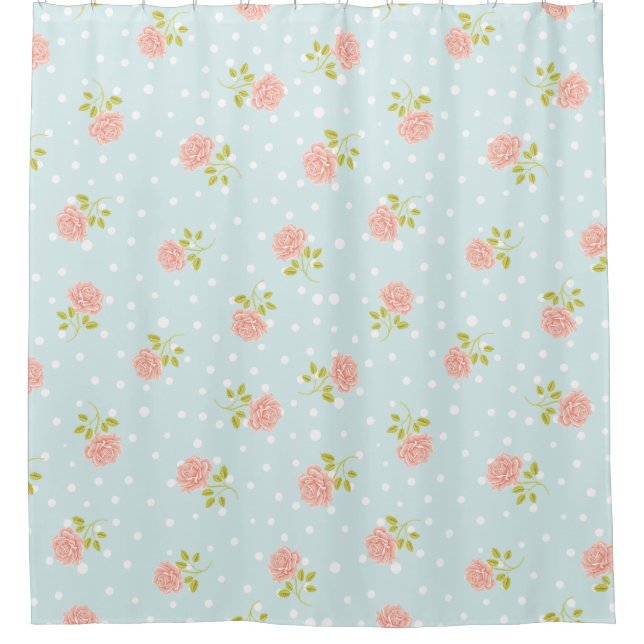 Delicate Pink Roses on Light Blue Dot Background Shower Curtain (Front)