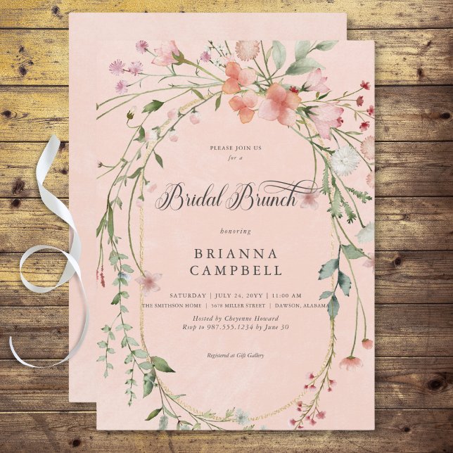 Delicate Pink Rustic Wildflowers Bridal Brunch Invitation (Delicate Pink Rustic Wildflowers Bridal Brunch Invitation)