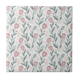 Delicate Pink Tulip & Line Drawing Floral Pattern Tile