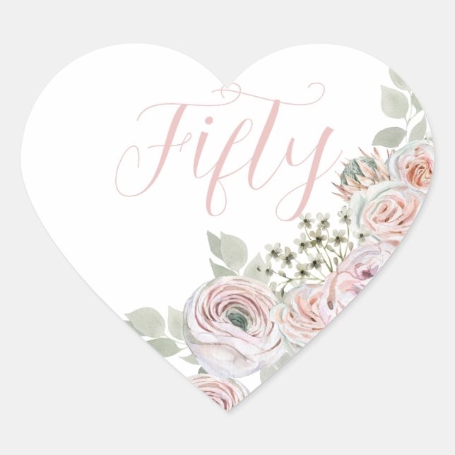 Delicate pink watercolor flowers «Fifty» Birthday Heart Sticker (Front)
