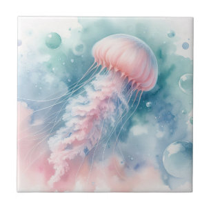 Delicate Pink Watercolor Jellyfish Tile