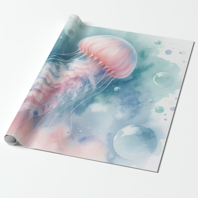 Delicate Pink Watercolor Jellyfish Wrapping Paper (Unrolled)