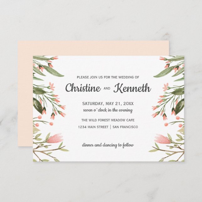 Delicate Pink wildflowers border Botanical wedding Invitation (Front/Back)