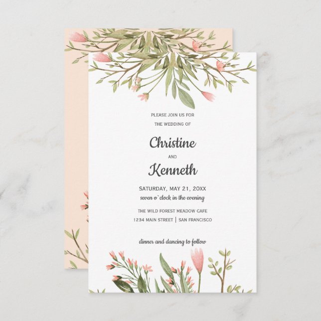 Delicate Pink wildflowers chic Botanical wedding Invitation (Front/Back)
