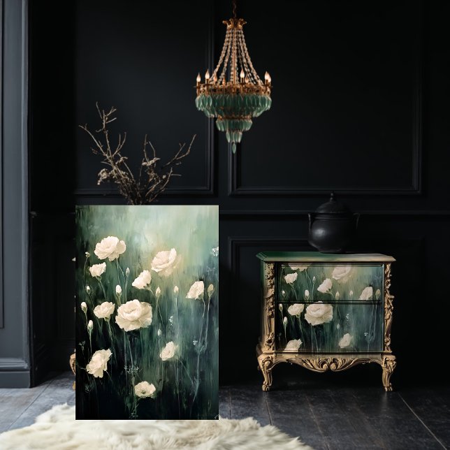 Delicate Plumes Carnations Floral Field Tissue Paper (Carnations, Delicate Plumes, Floral Field, Emerald Green & Beige, Decoupage Tissue Paper. )