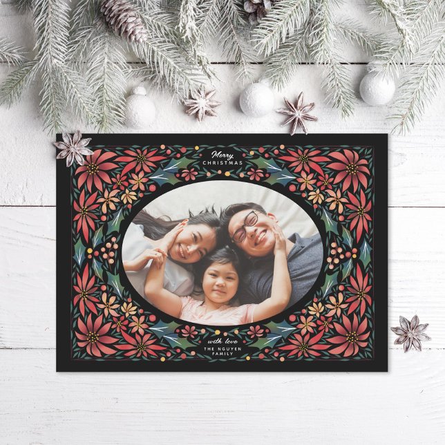 Delicate Poinsettia Oval Frame Black Photo Holiday Card (Creator Uploaded)