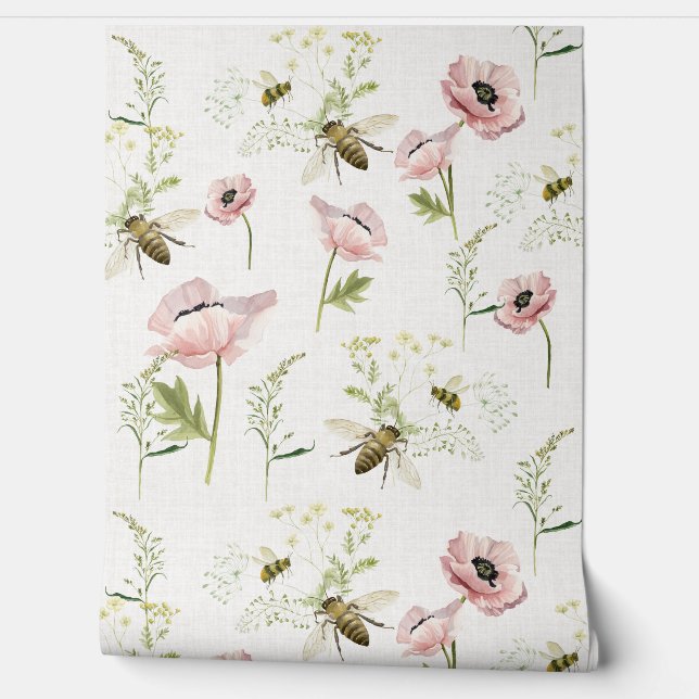 Delicate poppies, bees, wildflower watercolor wallpaper (Unrolling)