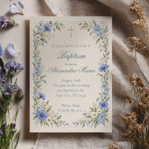 Delicate Powder Blue Floral Watercolor Baptism Invitation