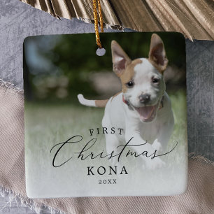 Delicate Puppy's First Christmas Dog Photo Ceramic Ornament