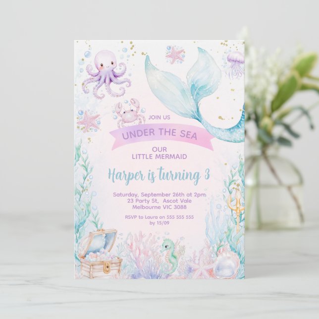 Delicate Purple Blue Little Mermaid Birthday Invitation (Standing Front)