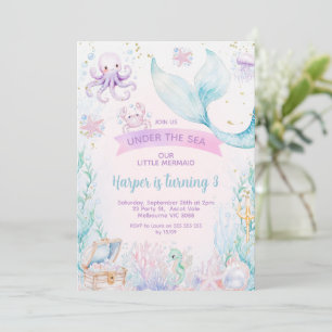 Delicate Purple Blue Photo Little Mermaid Birthday Invitation