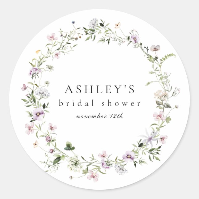 Delicate Purple Floral Bridal Shower Sticker (Front)