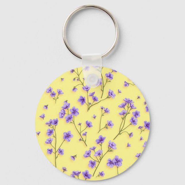 Delicate Purple Flowers on Yellow Background Key Ring (Front)