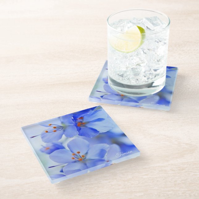 delicate purple flowers with orange glass coaster (Angled)