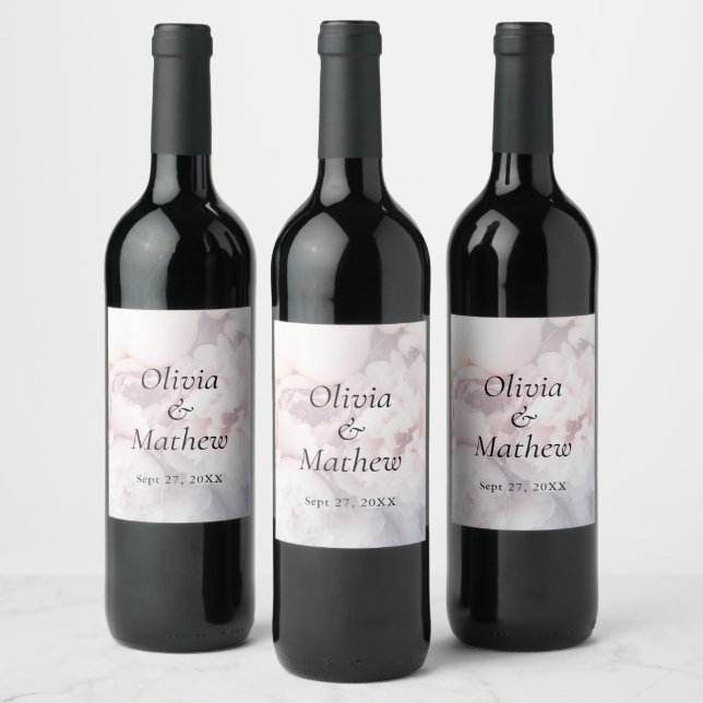 Delicate Purple Peonies and Roses Wedding Wine Label (Bottles)