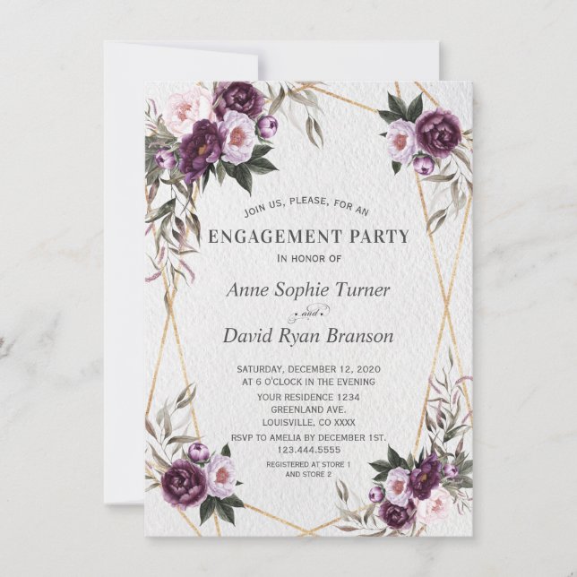 Delicate Purple Pink Peony Flowers Gold Engagement Invitation (Front)