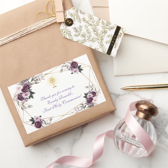 Delicate Purple Pink Peony Flowers Holy Communion  Rectangular Sticker (Gifting)