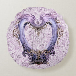 Delicate Rococo Lilac Lyra Harp Cotton  Round Cushion