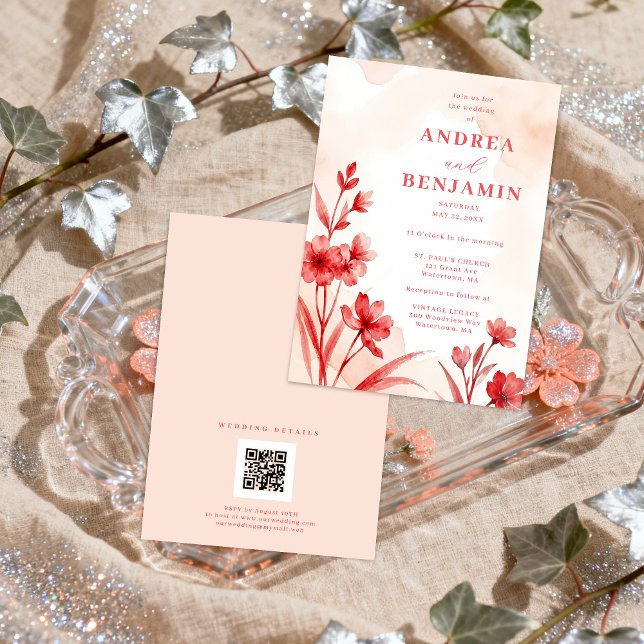 Delicate Romantic Bloom Juicy Red & Pinky Pink  Invitation (Delicate Romantic Bloom Juicy Red & Pinky Pink Editorial Wedding Invitation with Back QR Code. )