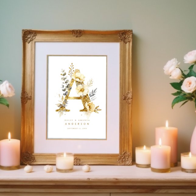 Delicate Romantic Floral A Letter Gold Glitter Poster (Delicate Romantic Floral A Letter in Gold Glitter Effect Posters Decor for Couples. )