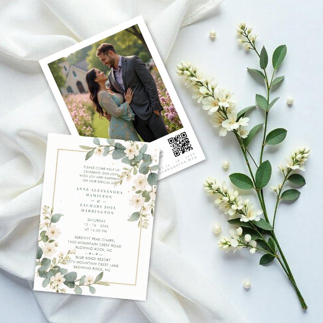 Delicate Romantic Flowers & Branches Frame Wedding Invitation (Delicate Romantic Flowers and Branches Frame Wedding Invitation Cards with Back Photo and QR Code.)