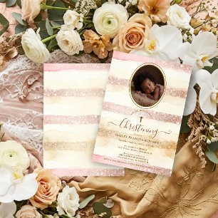 Delicate Romantic Glitter Stripes Baby Baptist Invitation
