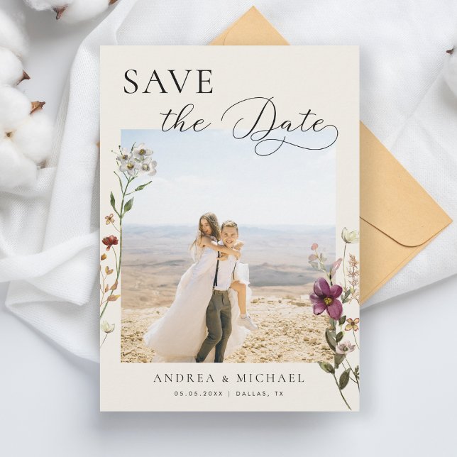 Delicate Romantic Ivory Wildflowers Photo Wedding Save The Date (Creator Uploaded)