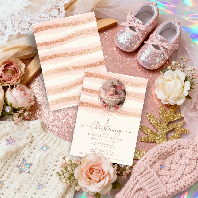 Delicate Romantic Rose Gold Glitter Baptist  Invitation (Delicate Romantic Rose Gold Glitter Style Christening Invitation Card with Oval Photo.)