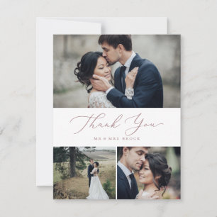 Delicate Rose Gold Calligraphy 3 Photo Collage Thank You Card