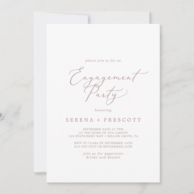 Delicate Rose Gold Calligraphy Engagement Party Invitation (Front)