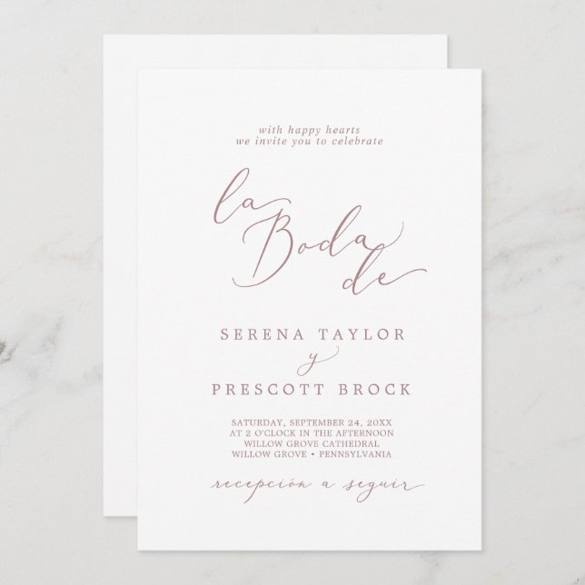 Delicate Rose Gold Calligraphy La Boda De Wedding Invitation (Front/Back)