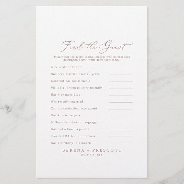 Delicate Rose Gold Find the Guest Wedding Game Flyer (Front)