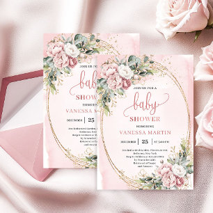 Delicate Rose Gold Flowers Eucalyptus Baby Shower  Invitation