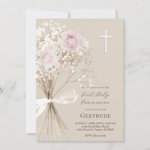 delicate roses and gypsophila First Communion Invitation