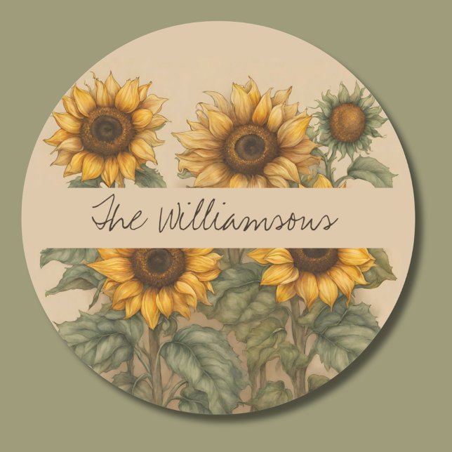 Delicate Rustic Sunflowers Monogram Classic Round Sticker (Creator Uploaded)