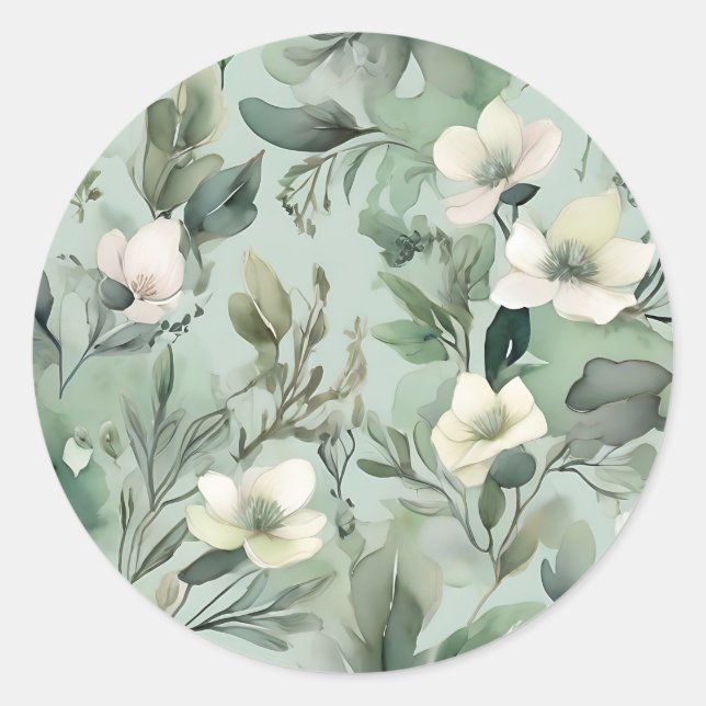 Delicate Sage Green Floral Pattern Classic Round Sticker (Front)