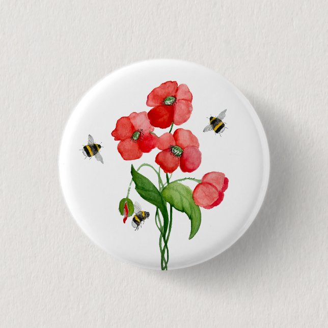 Delicate scarlet poppy flower and bumblebees 3 cm round badge (Front)
