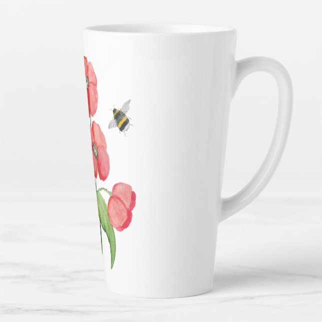 Delicate scarlet poppy flower and bumblebees latte mug (Right)