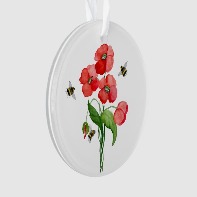 Delicate scarlet poppy flower and bumblebees ornament (Front)