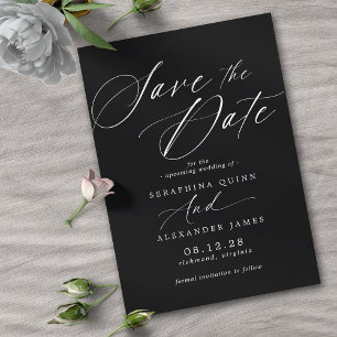 Delicate Script Modern Black Moody Wedding Save The Date