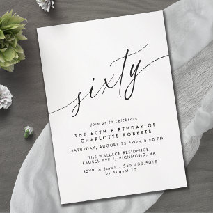 Delicate Script Simple Black & White 60th Birthday Invitation