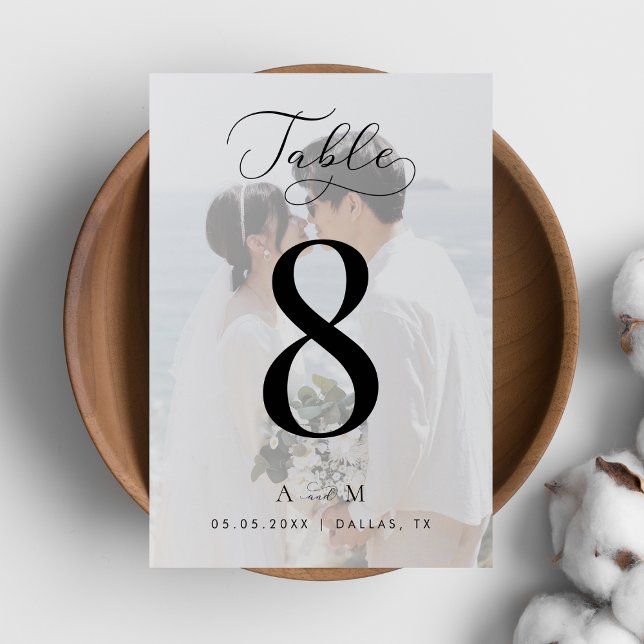 Delicate Script White Fade Photo Monogram Wedding Table Number (Creator Uploaded)
