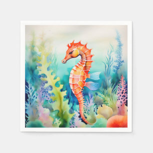 Delicate Seahorse with Coral Reef Watercolor Napkin