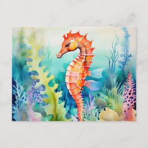 Delicate Seahorse with Coral Reef Watercolor Postcard
