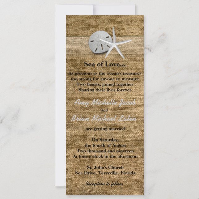 Delicate Seashells on Burlap Unique Beach Wedding Invitation (Front)