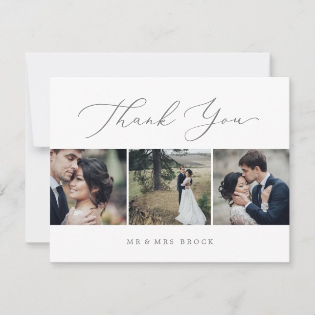 Delicate Silver 3 Photo Template Thank You Card (Front)