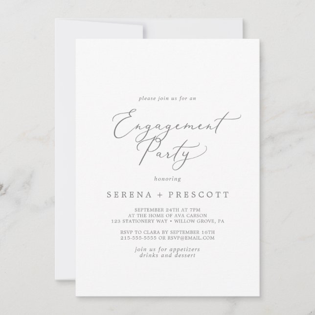 Delicate Silver Calligraphy Engagement Party Invitation (Front)