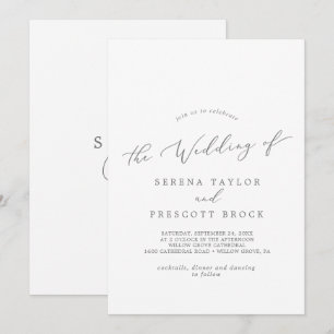 Delicate Silver Calligraphy Monogram Back Wedding Invitation