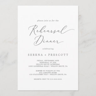 Delicate Silver Calligraphy Rehearsal Dinner Invitation